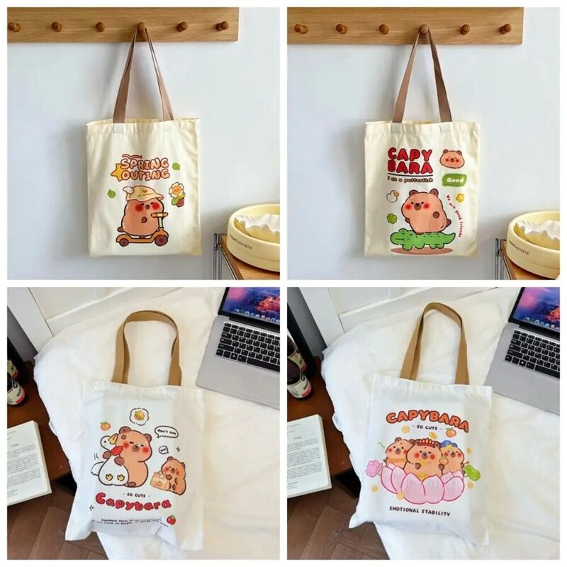 Kawaii Print Anime Cartoon Capybara Handbag Durable Large-capacity Tutorial Bag Reusable Wear-resistant Shoulder Tote Bag