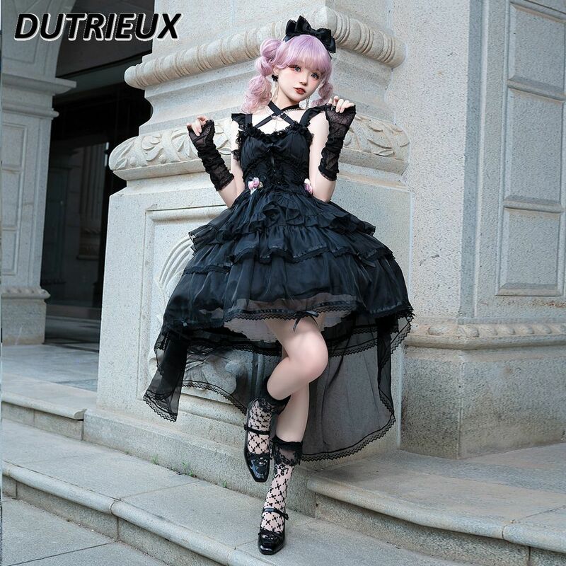Vestido de Lolita japonés para niña, elegante vestido corto con recorte de cintura, mangas voladoras JSK, Color sólido, Verano