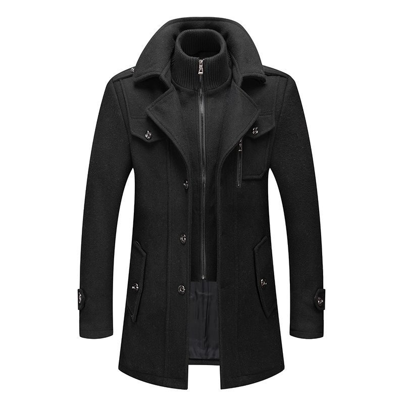 Мужская модная теплая осенне-зимняя длинная толстая куртка мужской шерстяной тренчкот Мужское пальто с двойным воротником на молнии шерстяная куртка