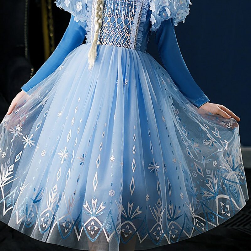 Vestido de princesa Elsa azul de manga larga para niños, vestido de princesa de hielo y nieve, Cosplay de Halloween, otoño e invierno, nuevo