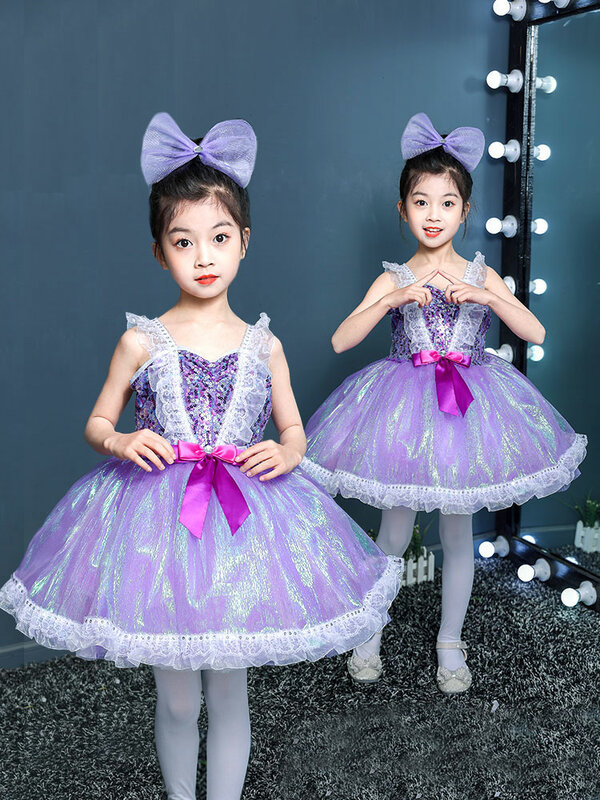 Gaun dansa anak perempuan warna ungu, kostum balet rok Tutu anak dengan tali balerina yang dapat diatur