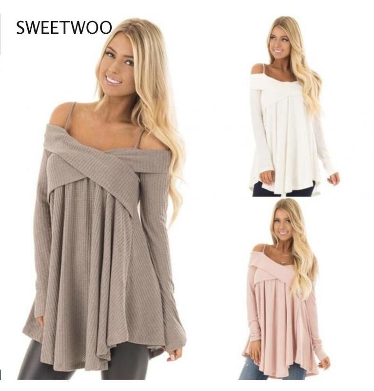 Cold Shoulder Crisscross Tunic Sweater Casual Ladies Tops Women Sweaters Female Long Sleeve Pullover Jumpers Tide Chic