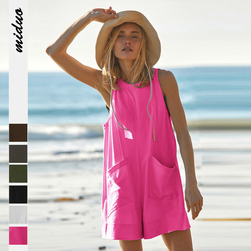 Jumpsuit 2024 Explosion Basic Color Personalized Hipster Pocket Knit One-piece Shorts Women's