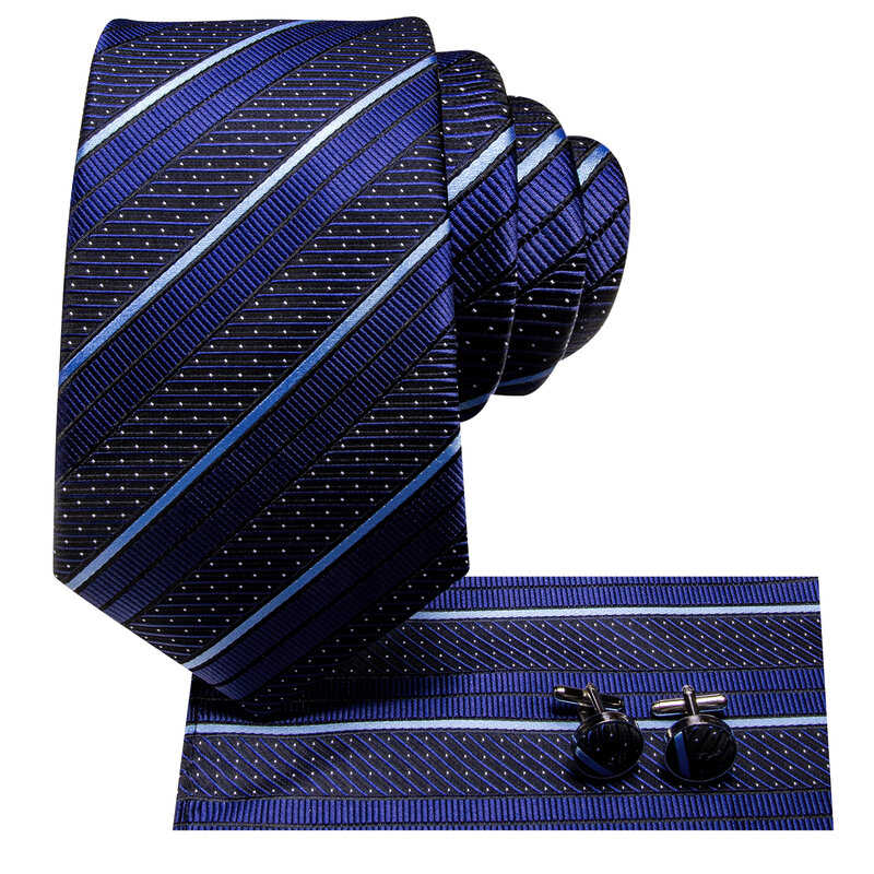 Hi-Tie desainer bergaris biru dongker dasi elegan untuk pria merek Fashion pesta pernikahan dasi borgol Handky bisnis grosir