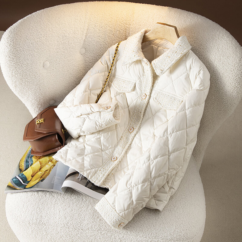 Модное легкое пуховое пальто в клетку, женские пуховики с принтом, Элегантное однобортное пальто с лацканами и длинным рукавом, зимняя подкладка