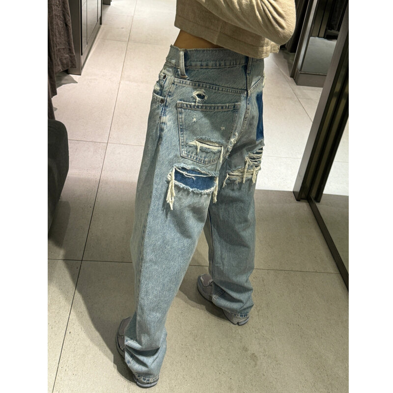 TAOP & ZA-Jeans com efeito lavado de bolso traseiro para mulheres, solto meio de crescimento, decoração de furos, estilo verão, novo, 2024, 8197014