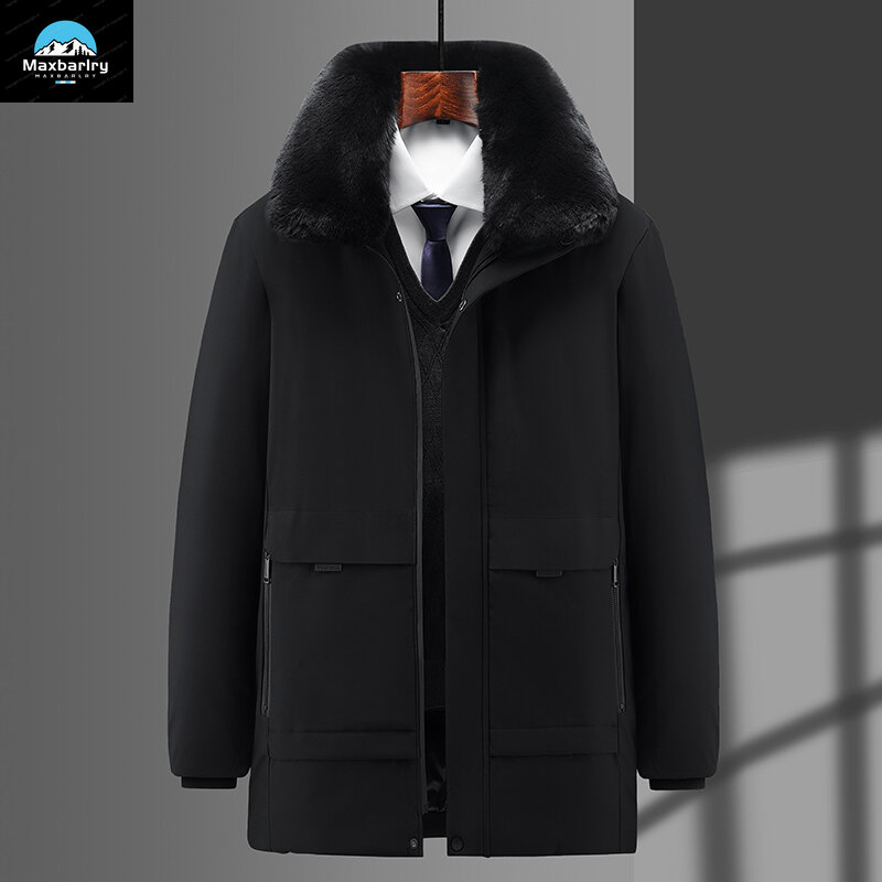 winter Thickened Jacket Men's Plus Size Wool Collar Fashion Long Down Jacket Men's British Casual Fleece-lined Warm Padded Coat