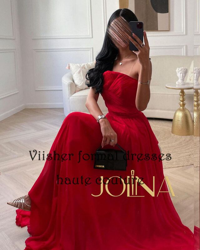 Red Chiffon Evening Dresses Strapless A Line Long Dubai Arabic Prom Dress Floor Length Wedding Guest Dress Lace Up Back