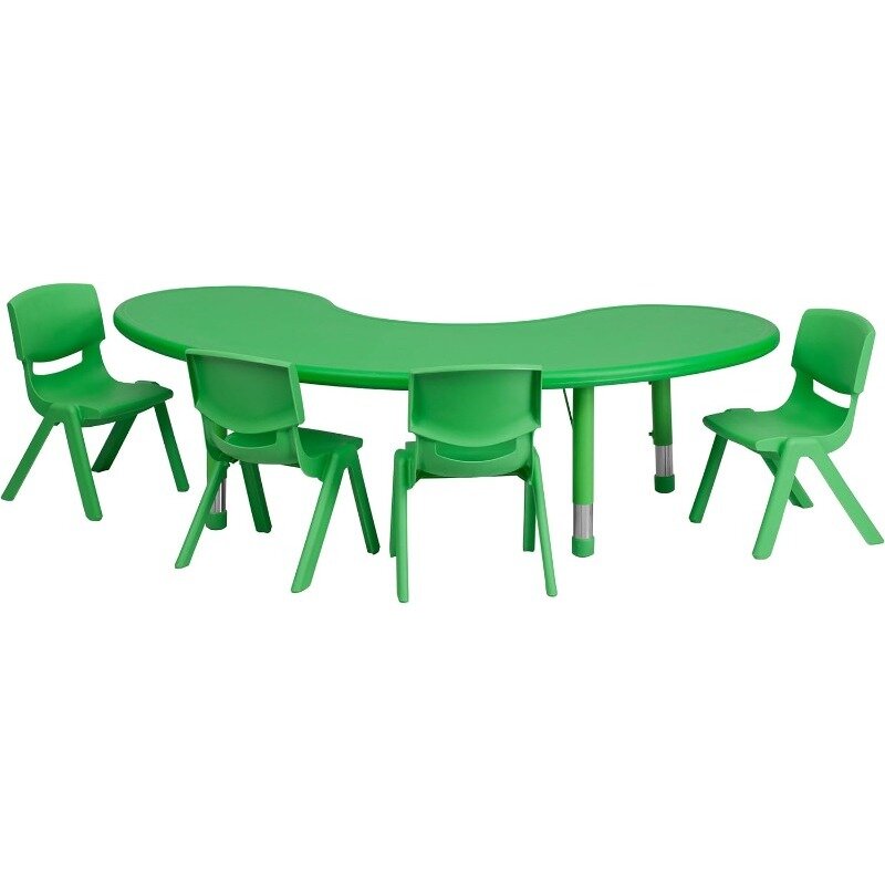 ハーフムーンプラスチック高さ調節可能アクティビティテーブルセット、子供用デスクと椅子セット、4チェア、35 "x 65" l、ナチュラル