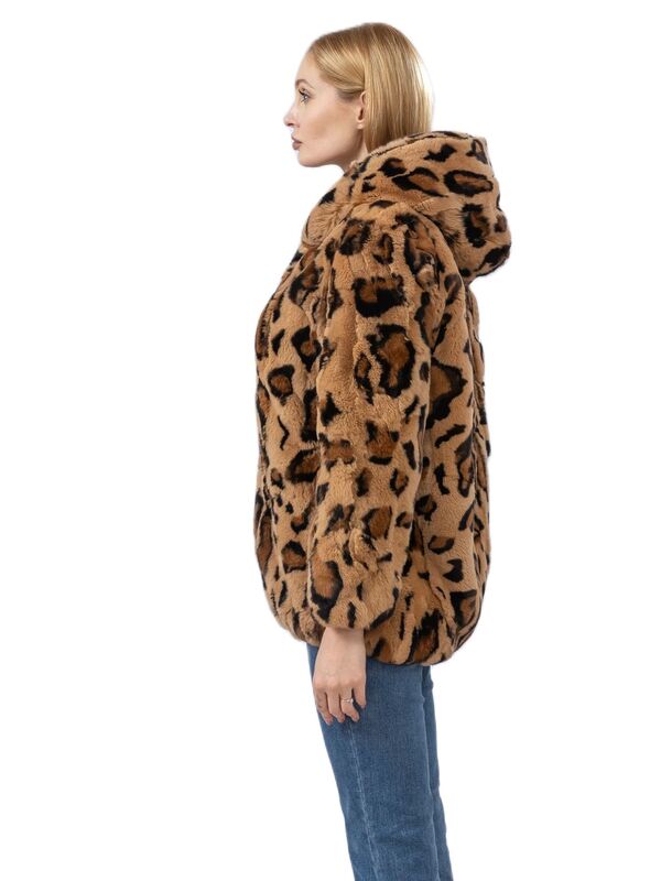 Natürlicher Rex Kaninchen mantel mit Kapuze Leopard braune Frau Mode elegant schön lässig neue Herbst Winter jacke