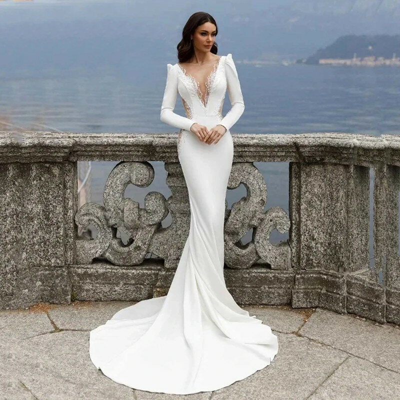 Classic Mermaid Wedding Dress Sexy Deep V-Neck Illusion Backless Boho Long Sleeve Appliques Wedding Gown Beach Bridal Dress 2024