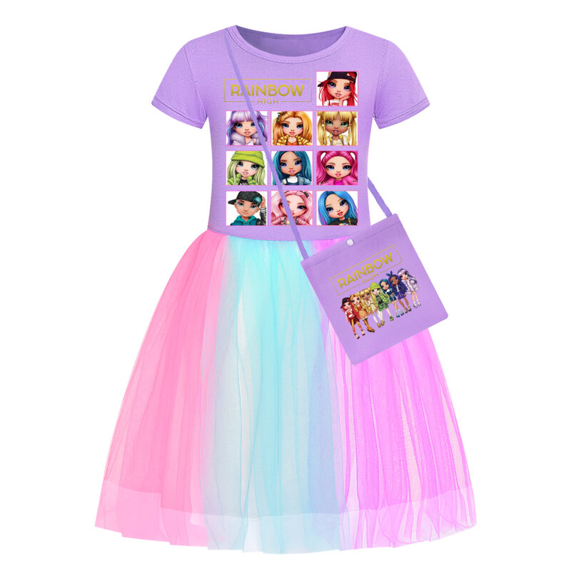 New Rainbow High Clothes Kids Short Sleeve Cotton T Shirts Casual Dresses Toddler Girls Lace Ball Gown Princess Dress 3-10 Years