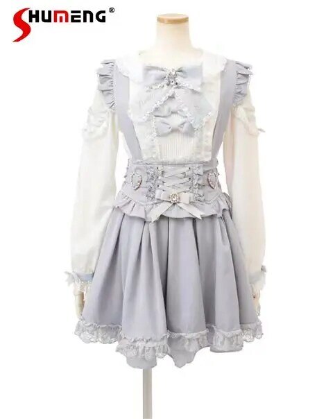 Cute Mine Lace Detachable Suspender Skirt Woman 2024 Japanese Style Lolita Slimming Waist Lovely Pearl Buckle Short Strap Skirts