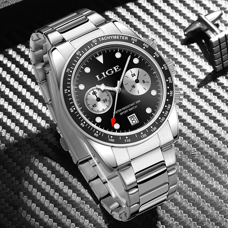 LIGE-Relógio de quartzo impermeável de aço inoxidável masculino, relógios esportivos masculinos, relógio casual, data display, clássico