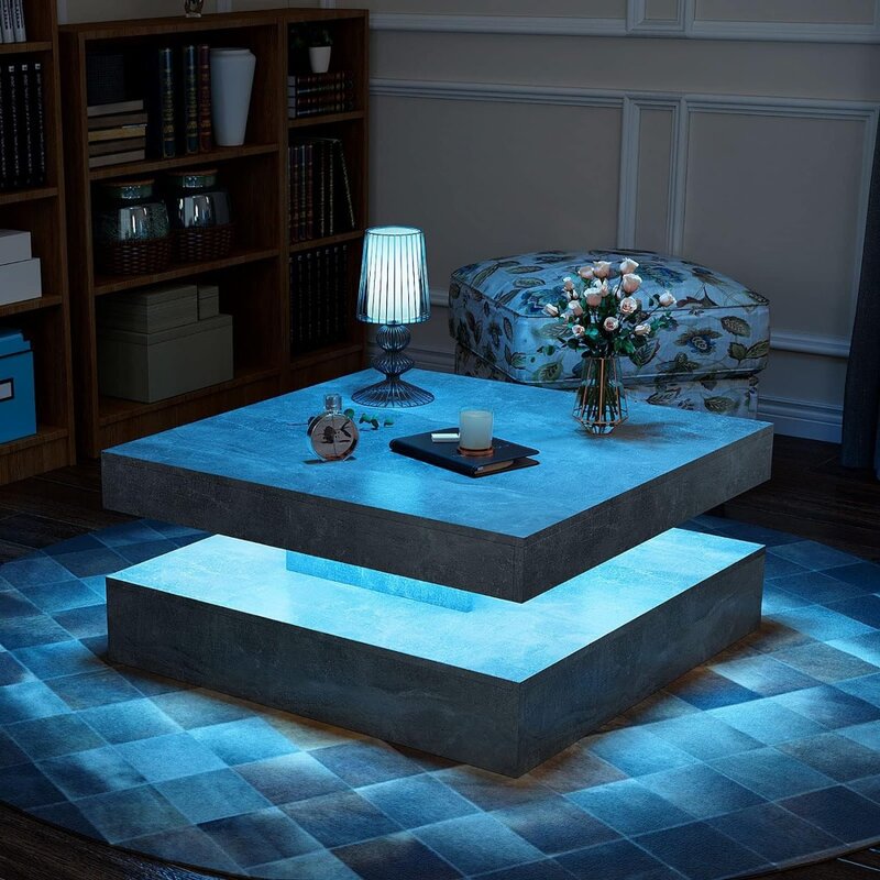 Mesa de centro cuadrada de madera, mesa de centro con luz LED enchufable de 16 colores, 31 pulgadas, 2 niveles