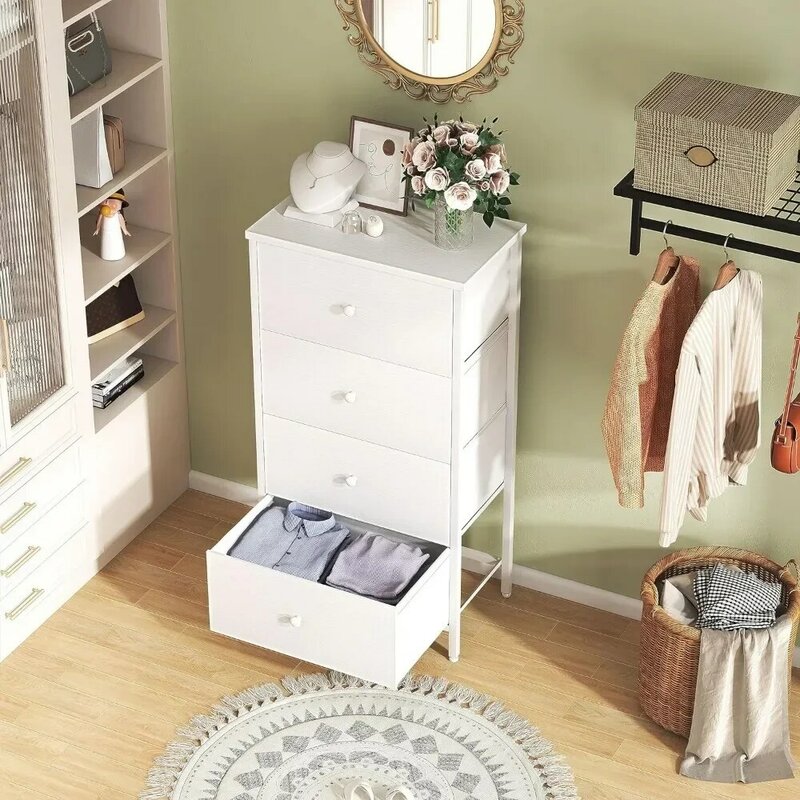 Tocador blanco pequeño para dormitorio, organizador de 4 cajones y cofres de cajones para niños, armario para adultos, artículos de tocador modernos
