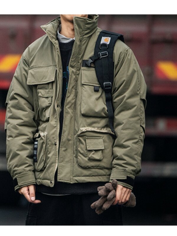 ผู้ชายฤดูหนาวผ้าฝ้าย Retro Vertical Collar เสื้อผ้าฉบับภาษาเกาหลีของแนวโน้มของกระเป๋า Thickener ฟังก์ชั่น