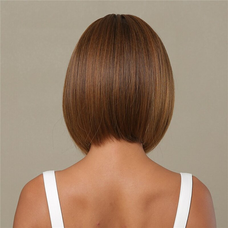 Honey Brown Short Bob Wig With Bangs Synthetic Heat Resistant Wig Natural Hair Looking