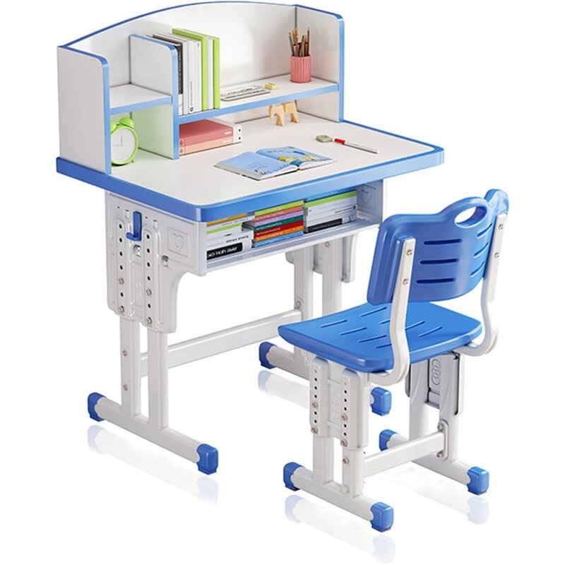 Adjustable Height Kids Table and Chair Set Ergonomic Design Children's Desk Blue With Large Storage Drawer and Bookshelf