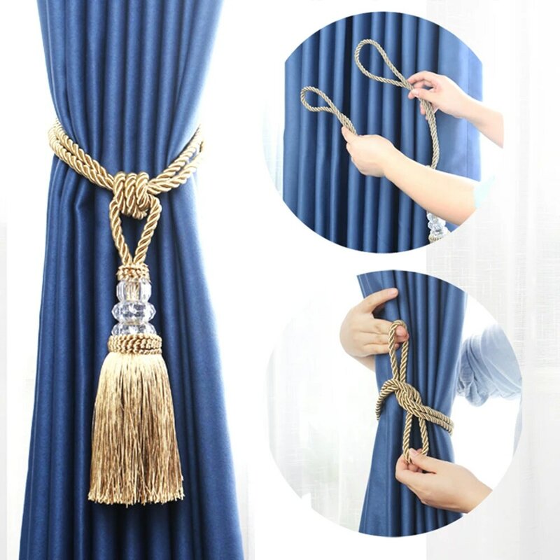Cuerda con borlas para cortina, cordón dorado decorativo con cuentas de cristal, accesorios para habitación, 1 unidad