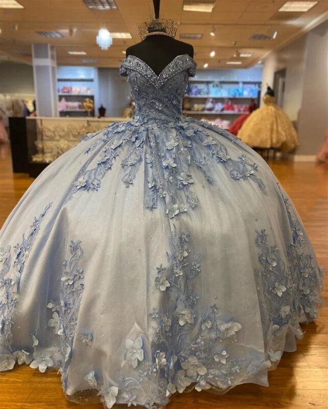 Gray Princess Quinceanera Dresses Ball Gown Off The Shoulder Appliques Pearls Sweet 16 Dresses 15 Años Custom