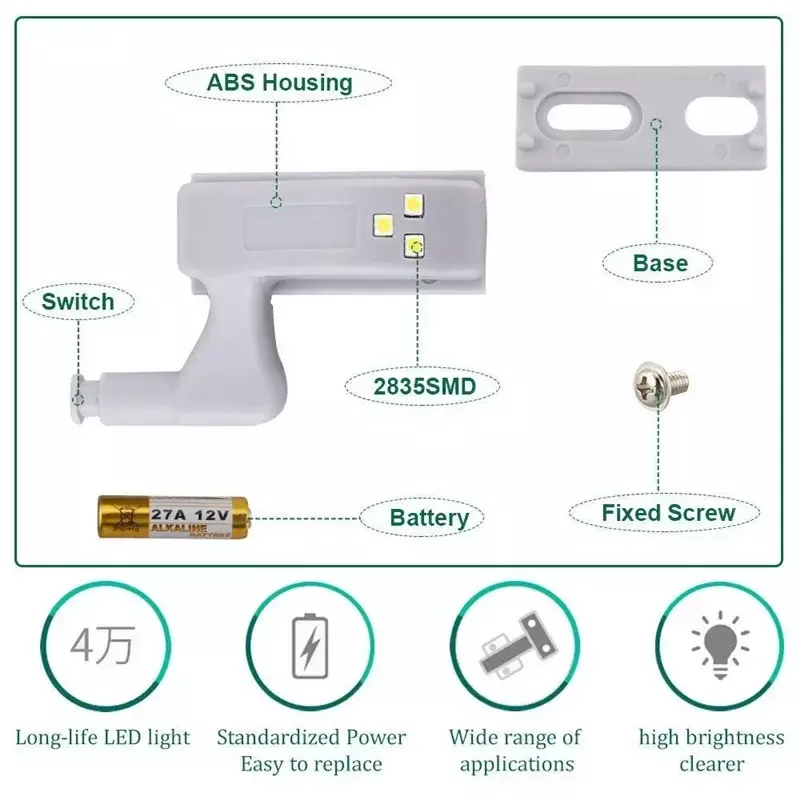 20/10Pcs LED Smart Touch Induction Under Cabinet Light Cupboard Inner Hinge Lamp Sensor Light Night Light for Closet Wardrobe