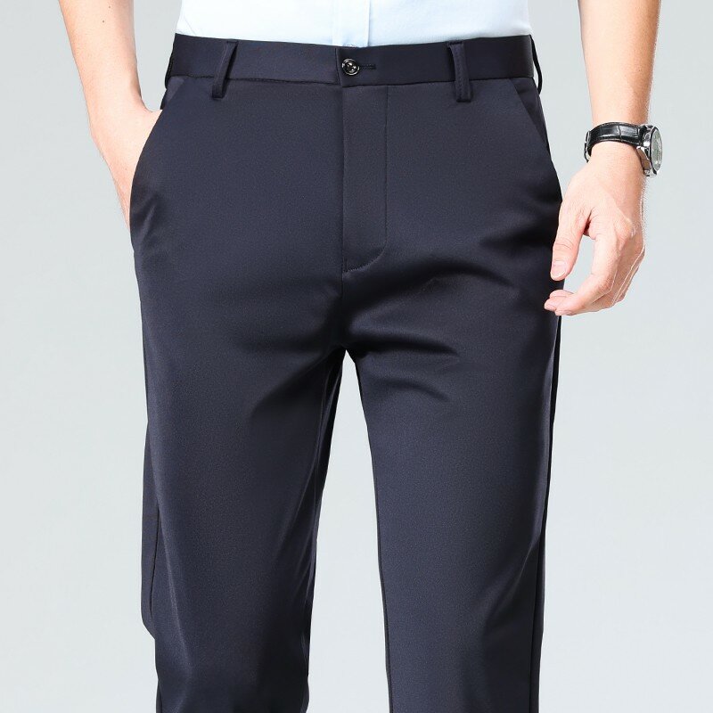 Celana panjang Formal untuk pria, celana panjang Formal kasual bisnis lengan lurus elastis ukuran Plus modis musim panas untuk pria