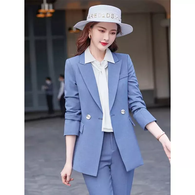 Jaket Blazer lengan panjang wanita, mantel Formal bisnis kancing sebaris lengan panjang warna biru kualitas tinggi