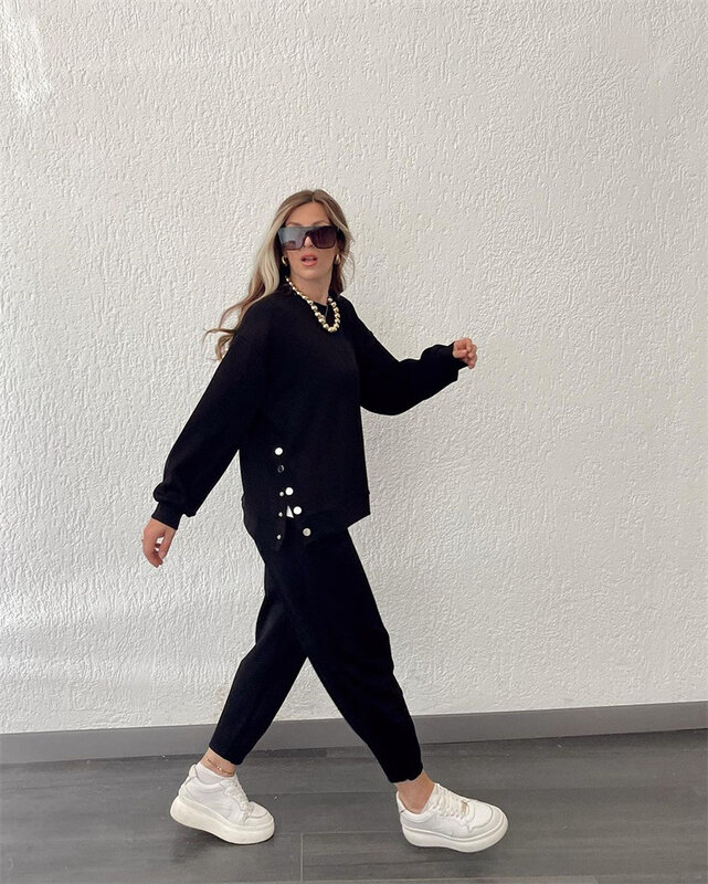 여성용 긴팔 금속 버튼 슬릿 맨투맨 + 애슬레저 발목 바지 세트, 운동복 2 피스 세트 의상, 단색 패션