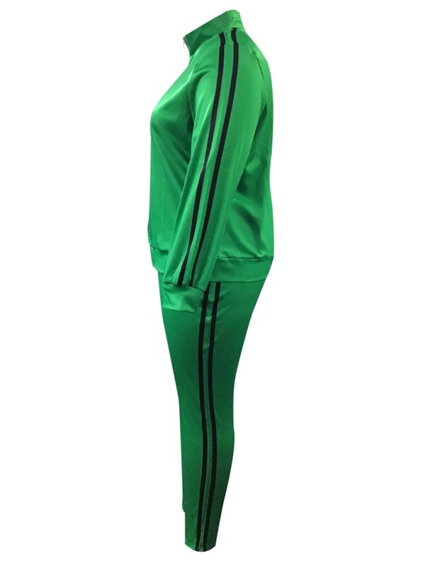 LW Plus Size tuta a righe Regular Fit Set verde 2 pezzi Sportwears Zipper Up colletto alla coreana Top e pantaloni Casual