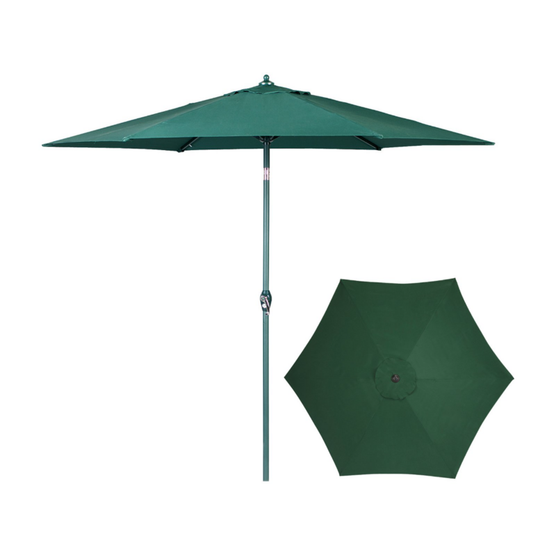 Parapluie d'extérieur avec bouton-poussoir inclinable, manivelle, 6 nervures, vert, marché, 9'