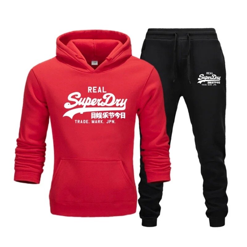 Retro men's casual set, hooded sports shirt and wool sports pants, casual style, printed with letters