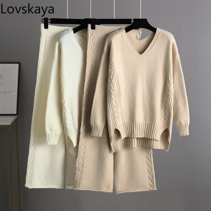 New Korean version loose thick fashionable and stylish two-piece knitted wide leg pants sweater set for women's autumn wear