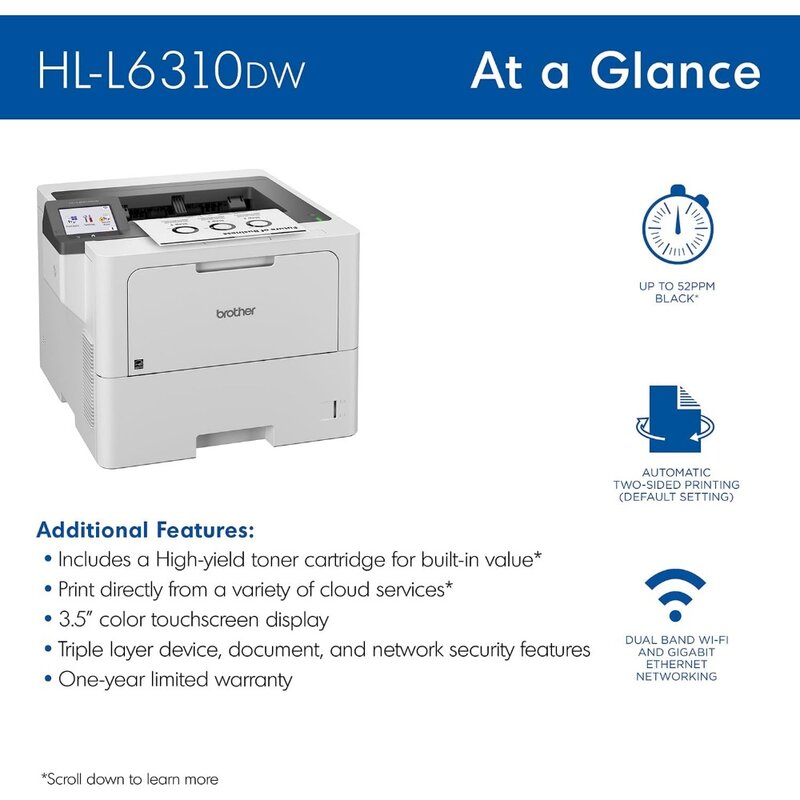 HL-L6310DW Enterprise Monochrome Laser Printer with Low-Cost Printing, Wireless Networking, and Large Paper Capacity