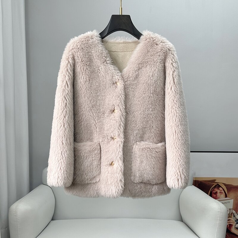 Aorice-Casaco de lã real para mulheres, jaqueta macia, design de cisalhamento de ovelha, quente para o inverno, CT342