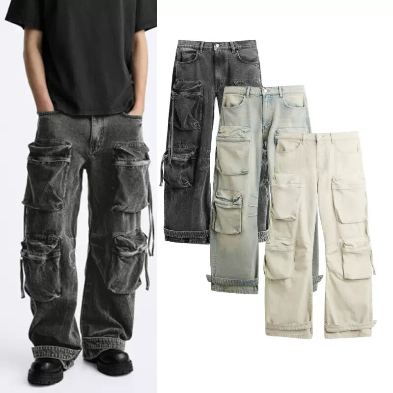 PB&ZA Men's 2024 Summer American Workwear Style Versatile Trend Multi-Pocket Loose Jeans 5575471