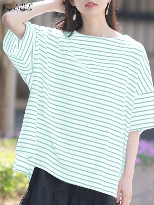 Zanzea Vrouwen Koreaanse Mode T-Shirt Gestreepte Oversized O-Hals Blusas Casual Losse 2024 Zomer Streetwear Blouse Tops