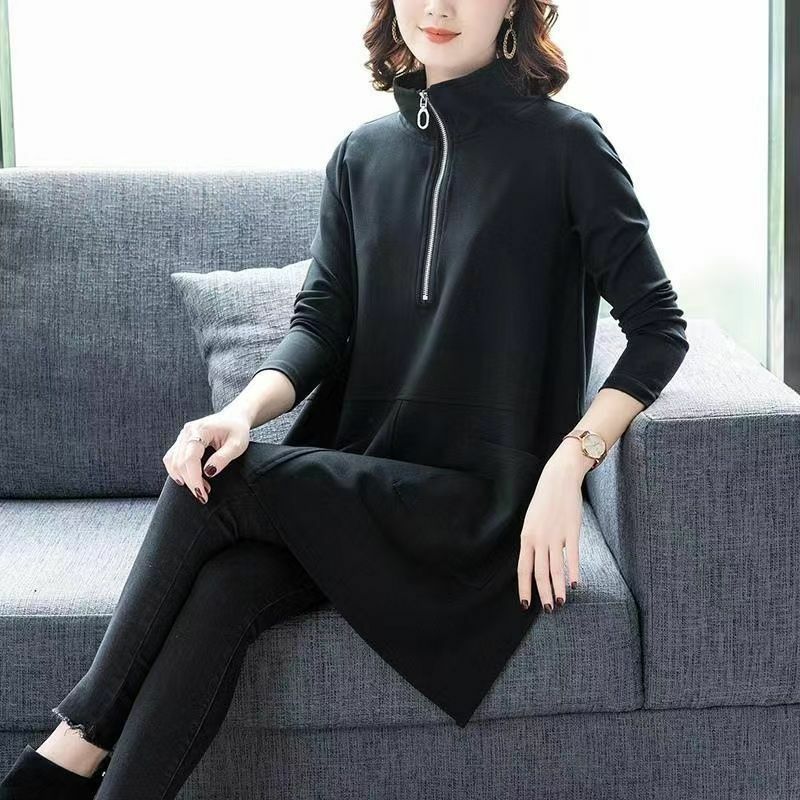 Capuz solto estilo coreano feminino com zíper, meio aberto, gola em O, manga comprida, túnica de bolso, camiseta monocromática, outono, inverno