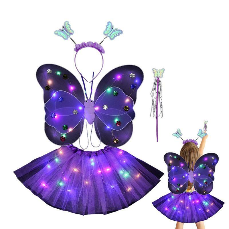 Conjunto de vestido de hada con luz LED para niñas, disfraz de princesa con varita de alas y Diadema para niños
