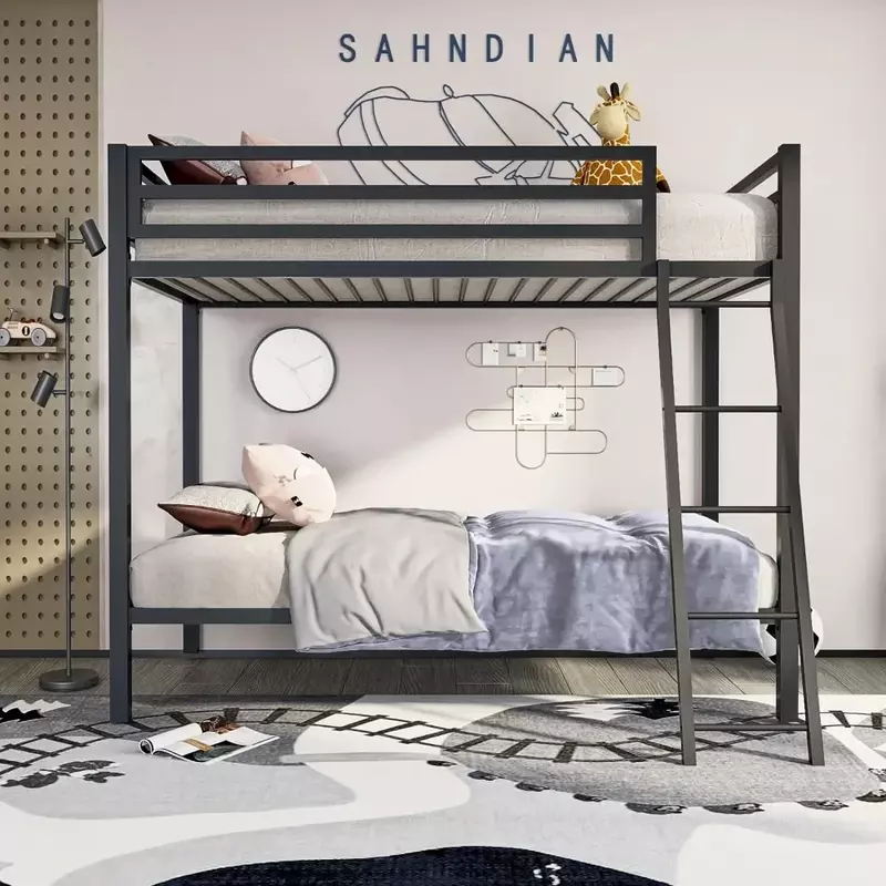 Metalowe łóżko piętrowe podwójne podwójne, wytrzymałe podwójne łóżka piętrowe z bezpieczną i solidną pochyłą drabiną, potrzebna sprężyna skrzynkowa/matowe łóżka