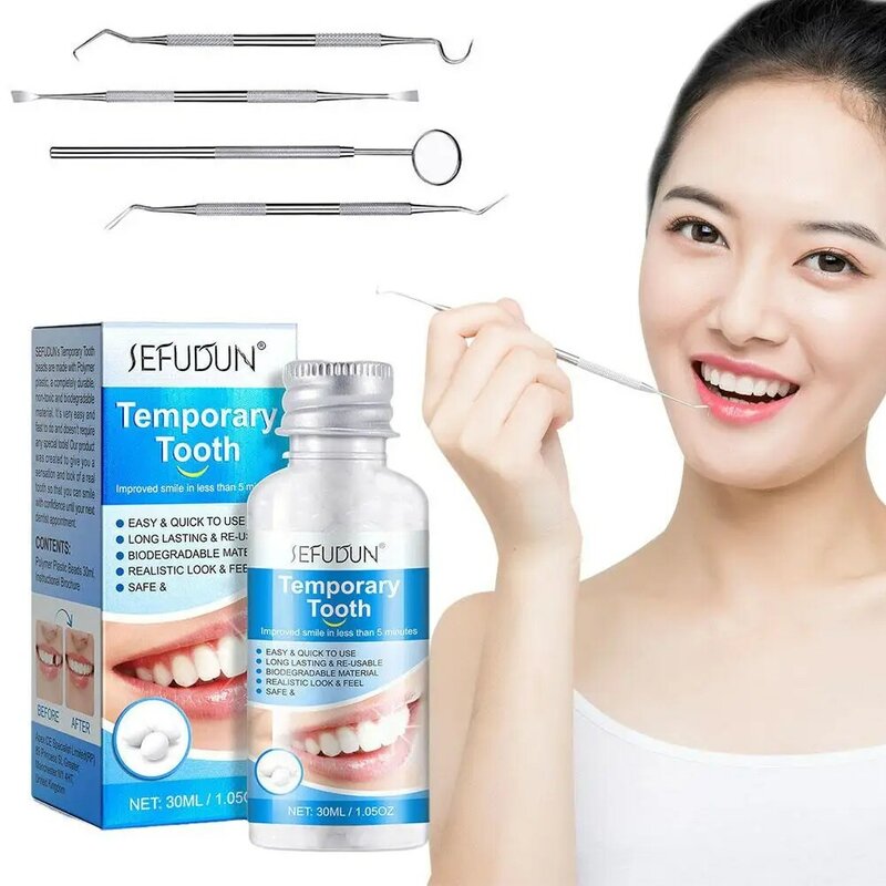 치아 수리 키트 임시 단단한 치아 구멍 수리 재료, 실용적인 남녀 공용, 성인 치아 미용 도구 4 개 포함, 30ml