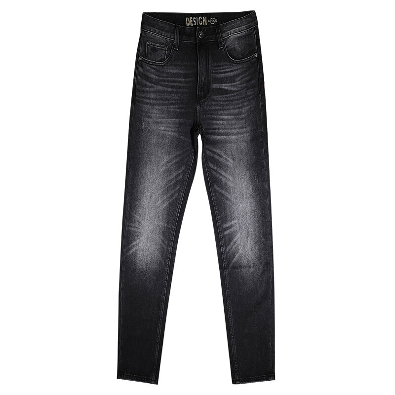 Trend europejski modne dżinsy męskie Retro czarny szary elastyczny Slim Fit porwane jeansy męskie spodnie Vintage Designer spodnie dżinsowe Hombre