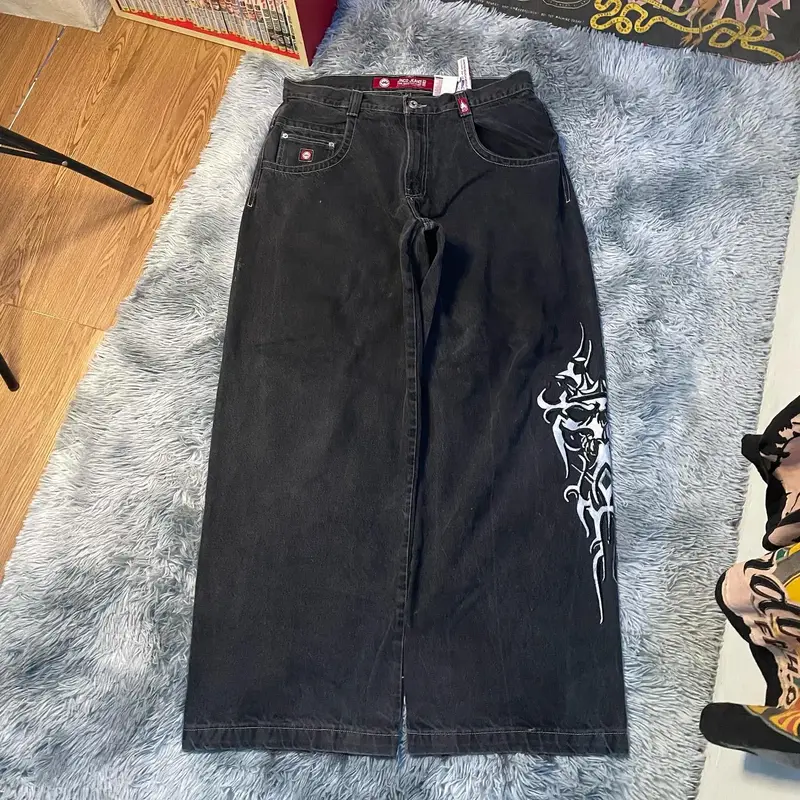 Jeansy Streetwear duże kieszenie oversize spodnie Hip Hop wzór w napisy luźne jeansy mężczyzn kobiety Y2K Harajuku szerokie spodnie z wysokim stanem