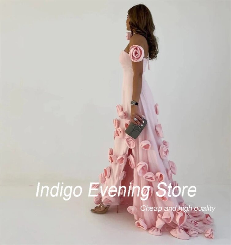 Indigo Prom Dresses Fashion Strapless 3D Flower Party Dress Floor-Length Sexy Slit Formal Evening Gowns For Women 2024 이브닝드레스