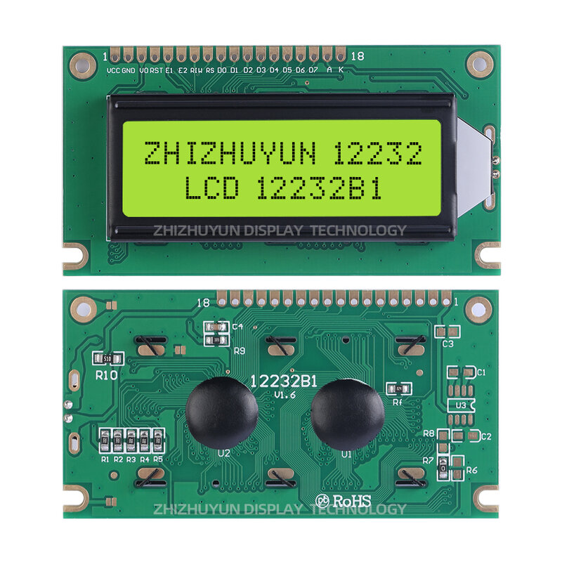 จอ LCD 12232B1ตัวละครสีเขียวมรกตสีดำอ่อนตัวอักษรความสว่างสูงหน้าจอ LCD โมดูลสปอตหน้าจอ LCD