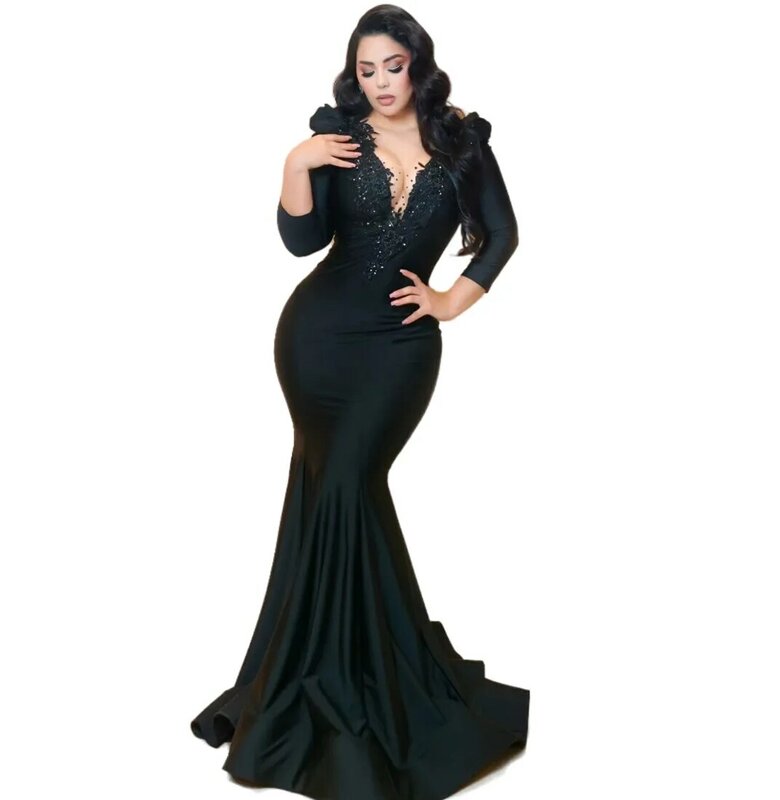 Черные платья-русалки для выпускного вечера, кружевные вечерние платья с бисером для официальной вечеринки, для второго приема, для дня рождения, помолвки, ZJ39, 2024