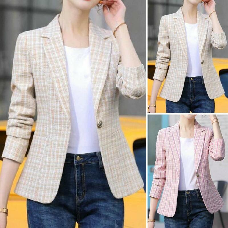 Chic Lady Coat  Plaid Print Single Button Women Blazer  Lapel Slim Fit Women Blazer