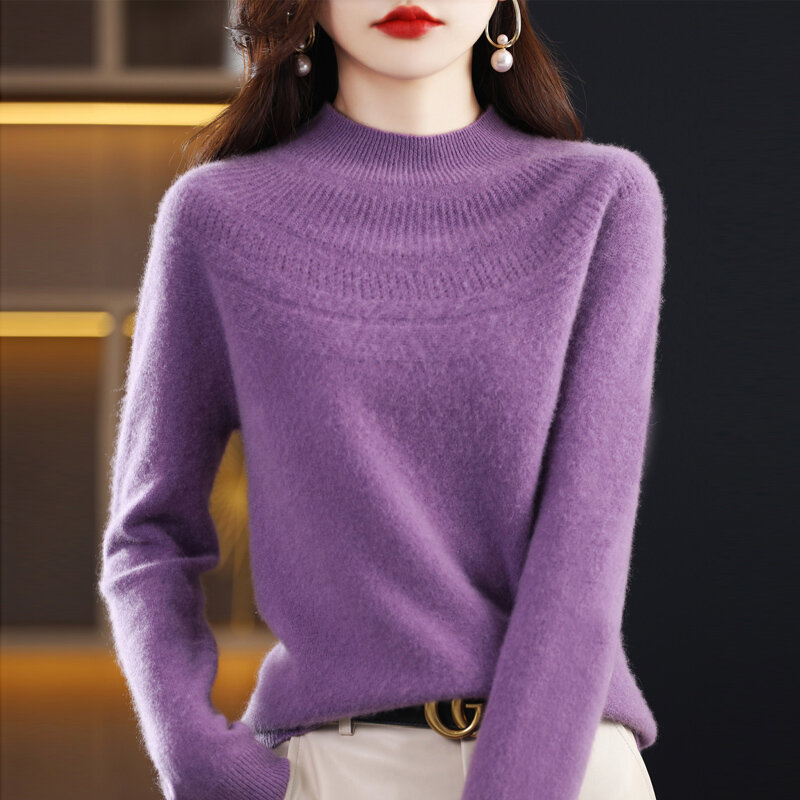 Suéter de cuello alto Medio para mujer, camisa de fondo de lana pura lista para usar de primera línea, otoño e invierno, Nuevo Jersey de punto hueco