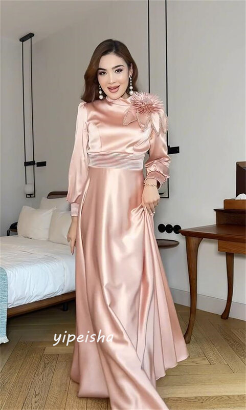 فستان حفلة موسيقية بياقة عالية ، فستان كوينسينيرا ملتف في المملكة العربية السعودية ، زهرة ساتان ، طول الكلمة ، فساتين مناسبة مخصصة