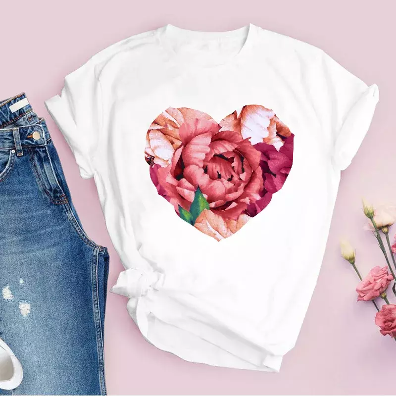 T-shirt imprimé floral graphique pour femmes, t-shirts vintage pour femmes, vêtements en Y, mode décontractée, mignon, style des années 90